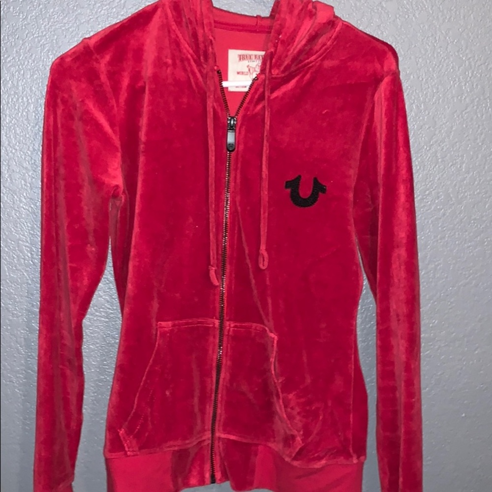 TRUE RELIGION velvet red zip up hoodie
